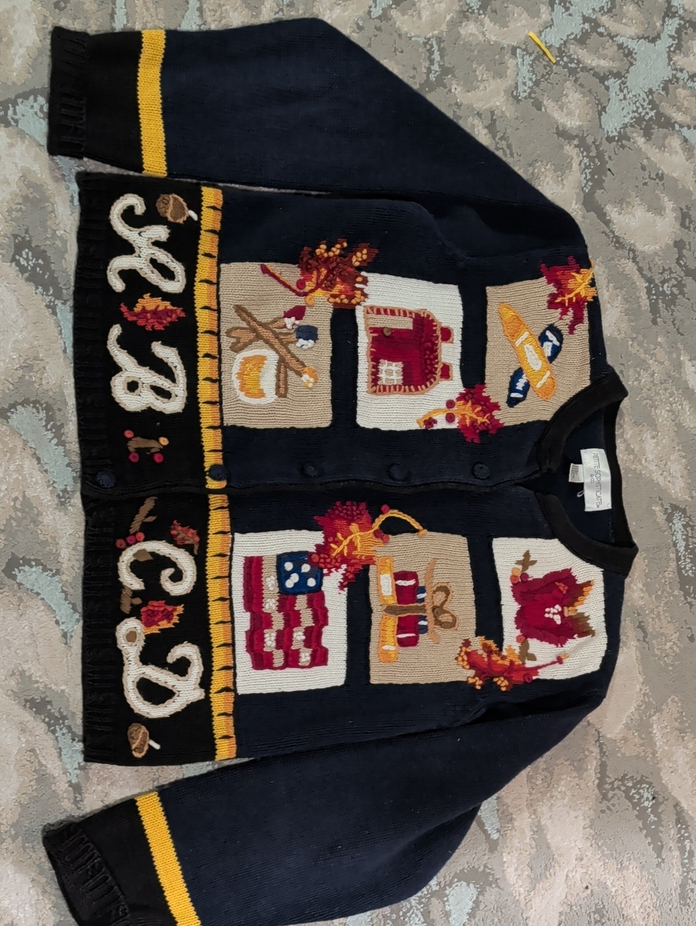 Petite Sophisticate Navy Cardigan with Autumn Patchwork Accents